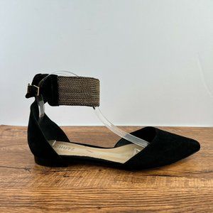 Schutz Women's 9.5B Alexaa Black Suede Pointed Toe Gold Ankle Cuff D'Orsay Flats